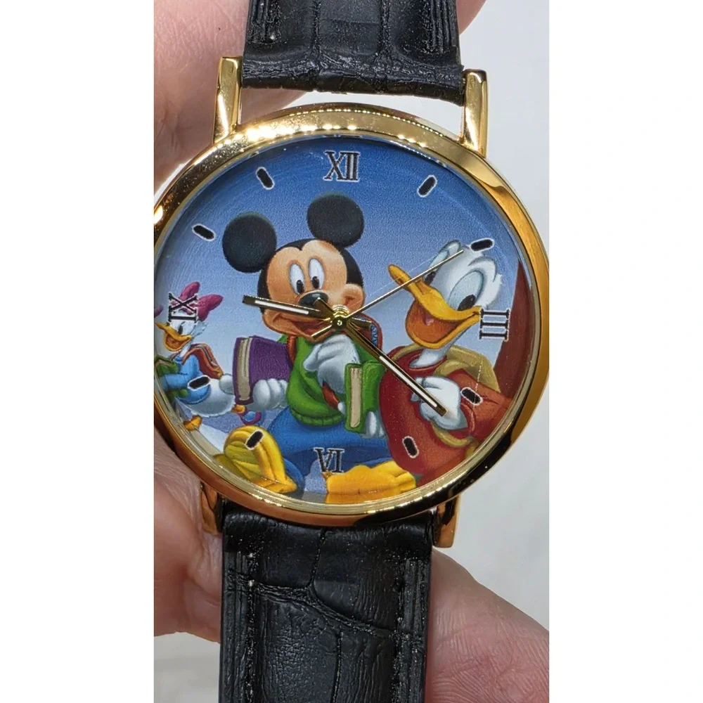 Mickey Mouse Donald And Daisy Duck Watch With Black Leather Band Unbranded